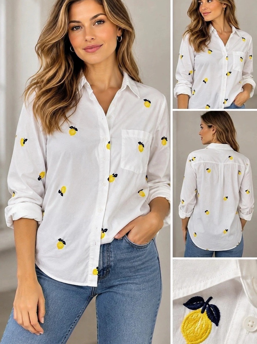 LOFT Lemon Embroidered Button Down Shirt White Embroidered Button-Down Like New